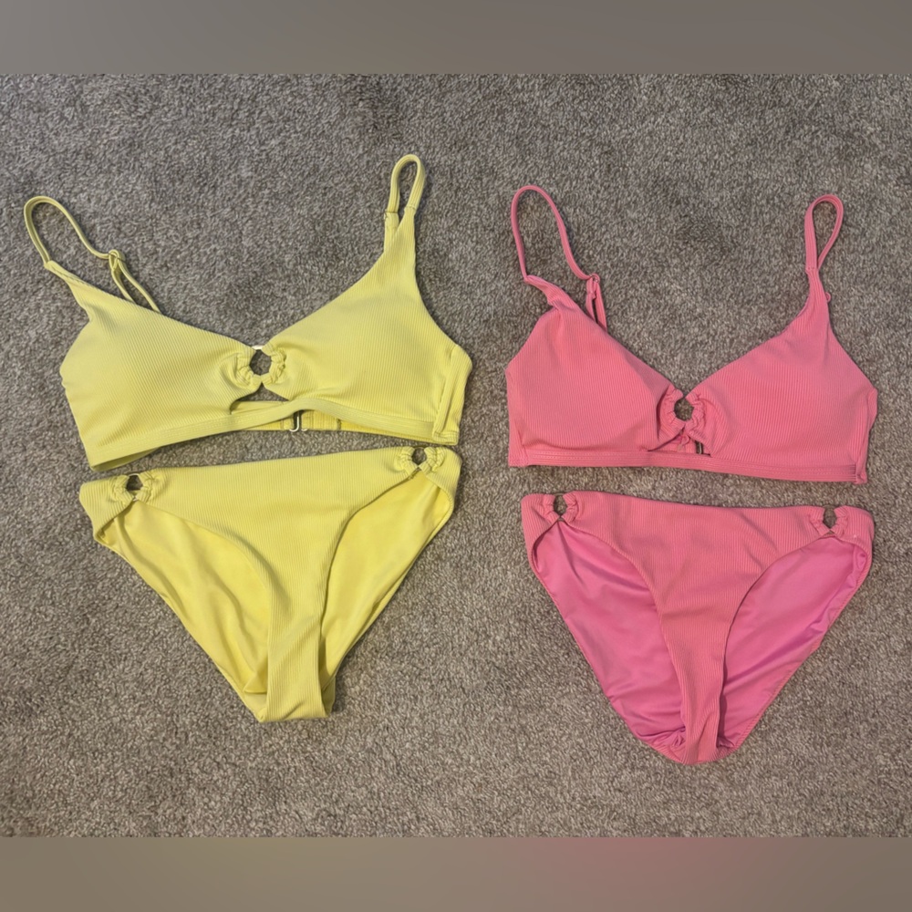 Fashion Nova Yellow & Pink Ring-Accent Ribbed Bikini Duo